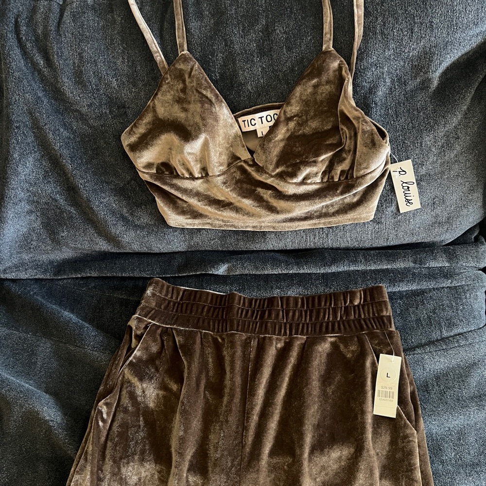 Taupe stretchy velvety Bustier bralette jogger pants set